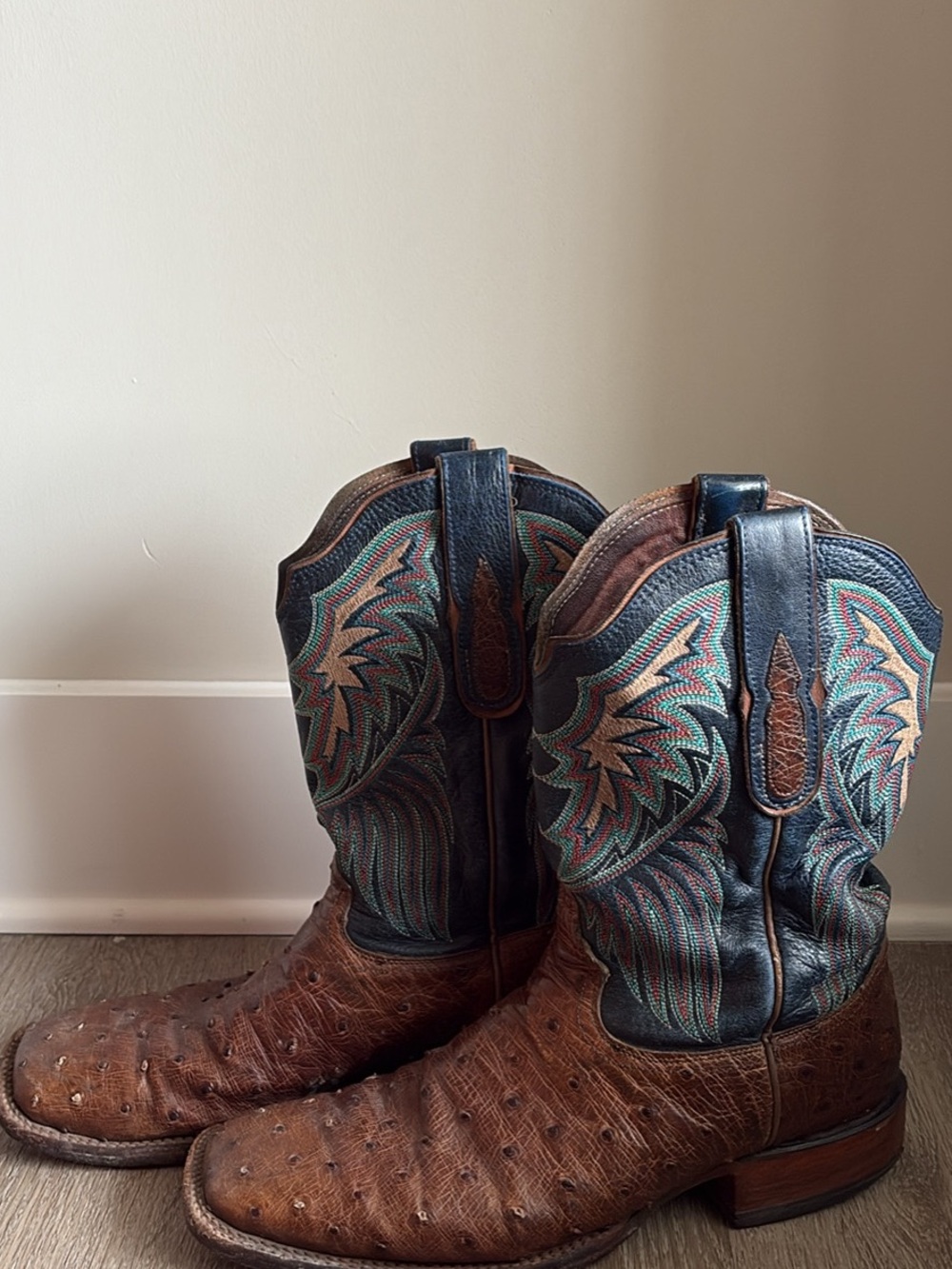 Tony Lama Brown and Teal Embroidered Western Ostrich Leather Cowboy Boots